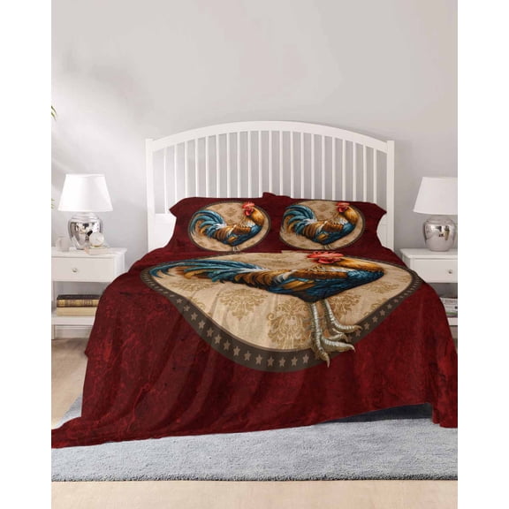 4 Piece Cal. King Sheet Set Farm Rooster Sheets Set for Cal. King Size Bed, Breathable Soft Microfiber Bed Sheets Boho Farmhouse Animals Floral Pattern Fitted Sheet Deep Pocket, Pillowcases