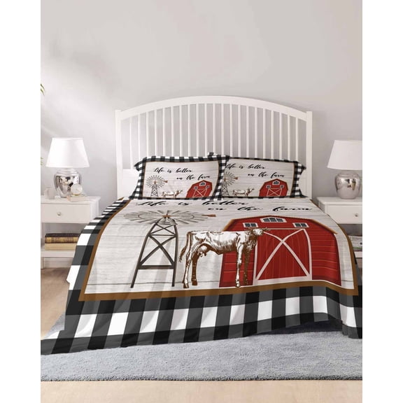 4 Piece Cal. King Sheet Set Farmhouse Barn Sheets Set for Cal. King Size Bed, Breathable Soft Microfiber Bed Sheets Vintage Cabin Cow Wood Grain Checkered Fitted Sheet Deep Pocket, Pillowcases