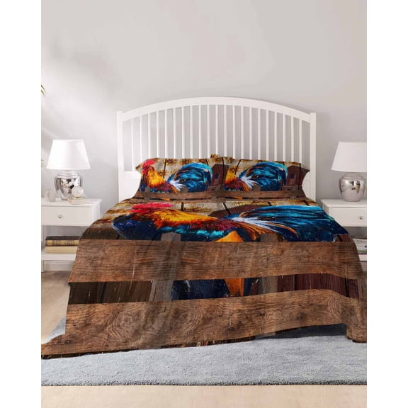 4 Piece Cal. King Sheet Set Farmhouse Rooster Sheets Set for Cal. King Size Bed, Breathable Soft Microfiber Bed Sheets Vintage Farm Chicken Sunflower Wooden Fitted Sheet Deep Pocket, Pillowcases