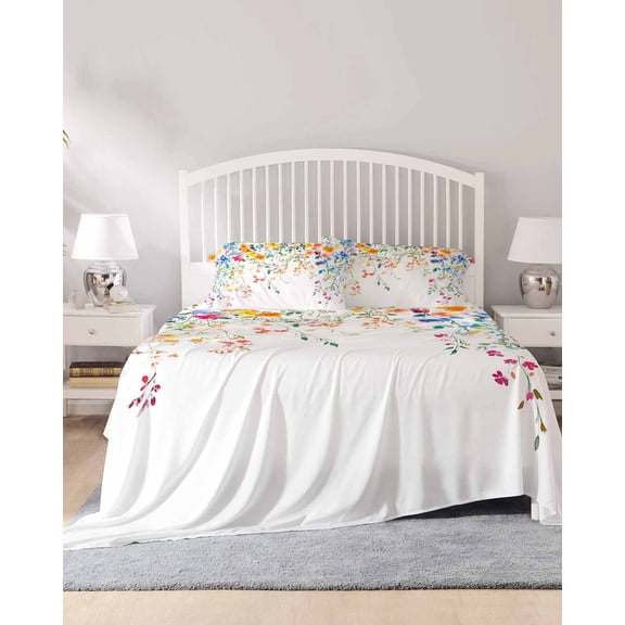 4 Piece Cal. King Sheet Set Flower Leaf Sheets Set for Cal. King Size Bed, Breathable Soft Microfiber Bed Sheets Country Style Colored Flower Branch Plant Fitted Sheet Deep Pocket, Pillowcases