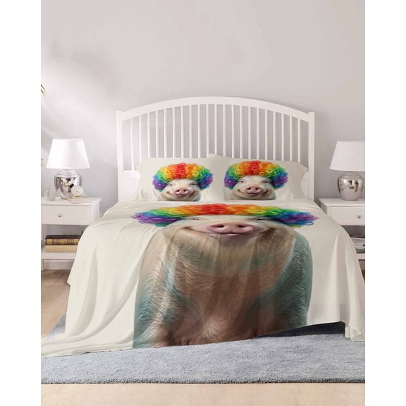 4 Piece Cal. King Sheet Set Funny Pig Sheets Set for Cal. King Size Bed, Breathable Soft Microfiber Bed Sheets Rainbow Abstract Animals Fitted Sheet Deep Pocket, Pillowcases