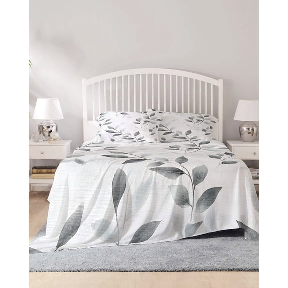 4 Piece Cal. King Sheet Set Gray Leaves Sheets Set for Cal. King Size Bed, Breathable Soft Microfiber Bed Sheets Spring Rustic Branches Botanical Fitted Sheet Deep Pocket, Pillowcases