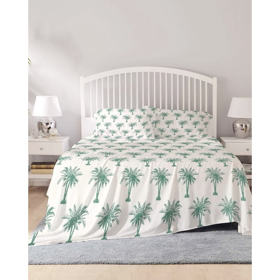 4 Piece Cal. King Sheet Set Green Palm Trees Sheets Set for Cal. King Size Bed, Breathable Soft Microfiber Bed Sheets Country Summer Botanical Tropical Plants Fitted Sheet Deep Pocket, Pillowcases