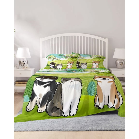 4 Piece Cal. King Sheet Set Japanese Aquatian Dogs Sheets Set for Cal. King Size Bed, Breathable Soft Microfiber Bed Sheets Cute Cats Spring Green Trees Hills Fitted Sheet Deep Pocket, Pillowcases