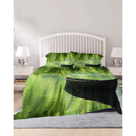 4 Piece Cal. King Sheet Set Lake Boat Pastoral Sheets Set for Cal. King Size Bed, Breathable Soft Microfiber Bed Sheets Modern Farmhouse Lake Tree Fitted Sheet Deep Pocket, Pillowcases