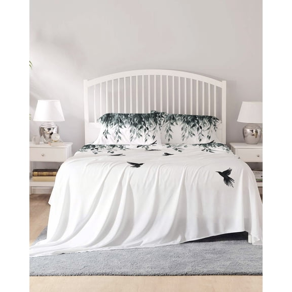 4 Piece Cal. King Sheet Set Leaf Bird Sheets Set for Cal. King Size Bed, Breathable Soft Microfiber Bed Sheets Vine Watercolor Plant Country Style Branch Fitted Sheet Deep Pocket, Pillowcases