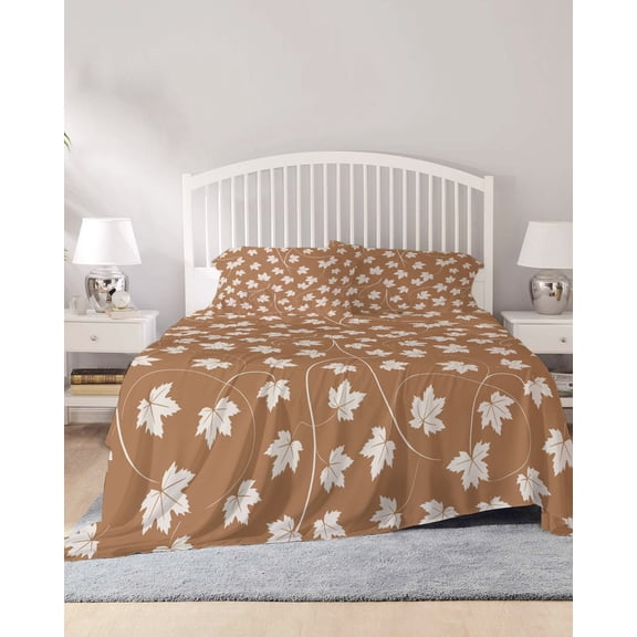 4 Piece Cal. King Sheet Set Maple Leaf Sheets Set for Cal. King Size Bed, Breathable Soft Microfiber Bed Sheets Retro Fall Dark Beige Autumn Leaves Fitted Sheet Deep Pocket, Pillowcases
