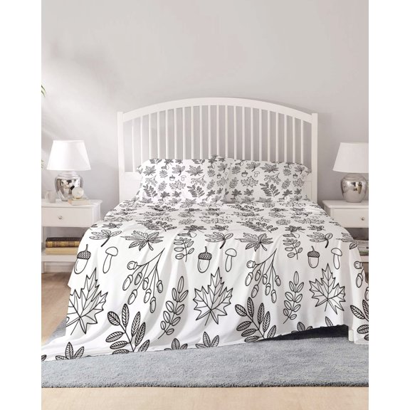 4 Piece Cal. King Sheet Set Maple Leaves Sheets Set for Cal. King Size Bed, Breathable Soft Microfiber Bed Sheets Farmhouse Grey Fall Leaf Plants Retro Fitted Sheet Deep Pocket, Pillowcases