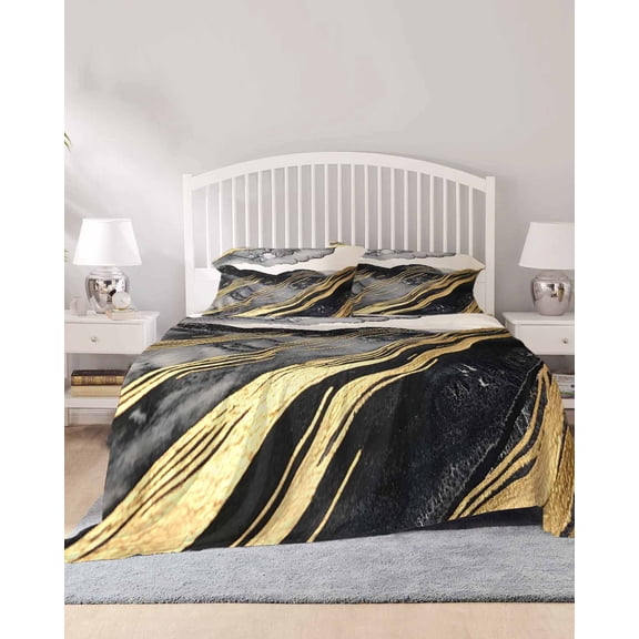 4 Piece Cal. King Sheet Set Marble Black Sheets Set for Cal. King Size Bed, Breathable Soft Microfiber Bed Sheets Modern Luxury Gold Nature Texture Fitted Sheet Deep Pocket, Pillowcases