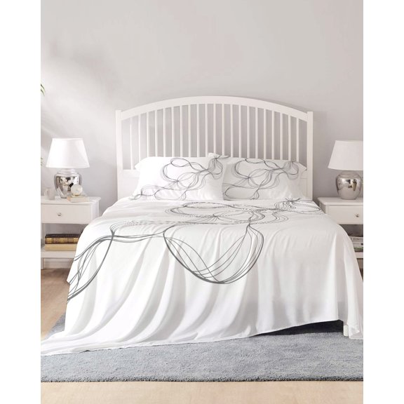 4 Piece Cal. King Sheet Set Modern White Sheets Set for Cal. King Size Bed, Breathable Soft Microfiber Bed Sheets Minimalist Abstract Ribbon A Sketch Rt Fitted Sheet Deep Pocket, Pillowcases