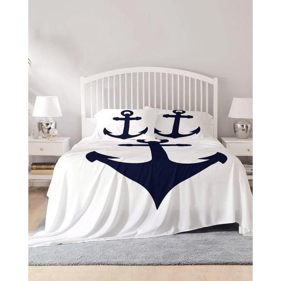 4 Piece Cal. King Sheet Set Nautical Anchor Sheets Set for Cal. King Size Bed, Breathable Soft Microfiber Bed Sheets Farmhouse Minimalist White Abstract Art Fitted Sheet Deep Pocket, Pillowcases