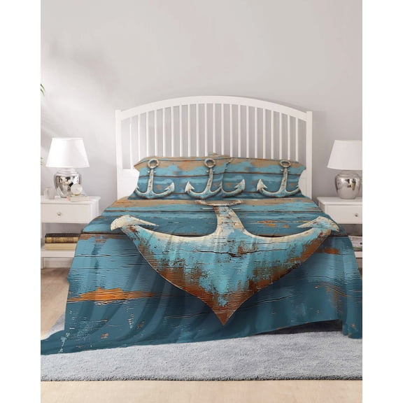 4 Piece Cal. King Sheet Set Nautical Anchor Sheets Set for Cal. King Size Bed, Breathable Soft Microfiber Bed Sheets Retro Farmhouse Blue Wooden Grain Fitted Sheet Deep Pocket, Pillowcases