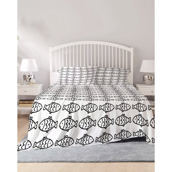 4 Piece Cal. King Sheet Set Ocean Brown Fish Sheets Set for Cal. King Size Bed, Breathable Soft Microfiber Bed Sheets Summer Fishing Coastal Nautical Simple Fitted Sheet Deep Pocket, Pillowcases