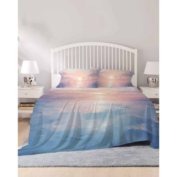 4 Piece Cal. King Sheet Set Ocean Seagull Sheets Set for Cal. King Size Bed, Breathable Soft Microfiber Bed Sheets Pink Blue Sunset Clouds Gradient Landscape Fitted Sheet Deep Pocket, Pillowcases