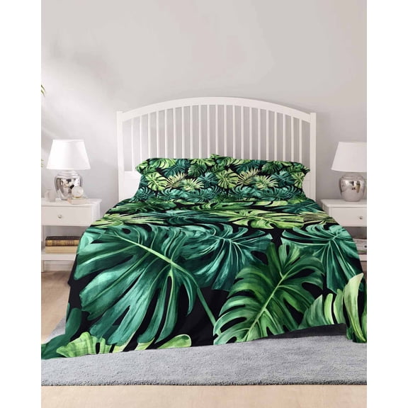 4 Piece Cal. King Sheet Set Palm Leaf Sheets Set for Cal. King Size Bed, Breathable Soft Microfiber Bed Sheets Green Tropical Plant Summer Nature Scenery Fitted Sheet Deep Pocket, Pillowcases