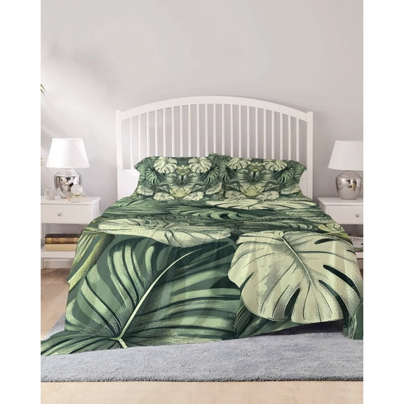 4 Piece Cal. King Sheet Set Palm Leaves Sheets Set for Cal. King Size Bed, Breathable Soft Microfiber Bed Sheets Country Summer Botanical Tropical Plants Fitted Sheet Deep Pocket, Pillowcases