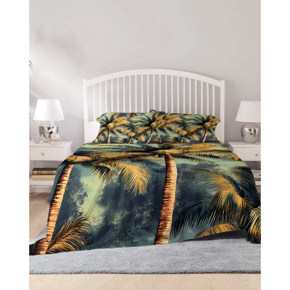4 Piece Cal. King Sheet Set Palm Tree Sheets Set for Cal. King Size Bed, Breathable Soft Microfiber Bed Sheets Retro Summer Botanical Tropical Plant Leaves Fitted Sheet Deep Pocket, Pillowcases