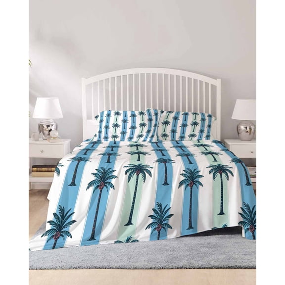 4 Piece Cal. King Sheet Set Palm Tree Striped Sheets Set for Cal. King Size Bed, Breathable Soft Microfiber Bed Sheets Summer Tropical Plant Blue Green Lines Fitted Sheet Deep Pocket, Pillowcases