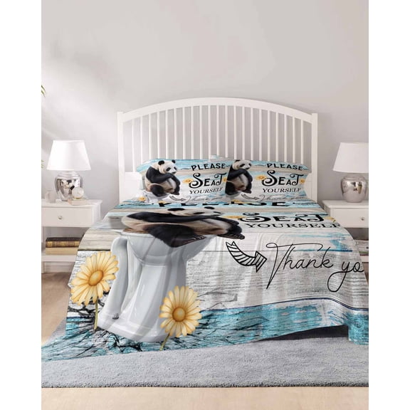 4 Piece Cal. King Sheet Set Panda Sheets Set for Cal. King Size Bed, Breathable Soft Microfiber Bed Sheets Animal Sit on Toilet Flowers Oil Painting Art Fitted Sheet Deep Pocket, Pillowcases