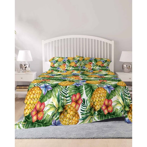 4 Piece Cal. King Sheet Set Pineapple Sheets Set for Cal. King Size Bed, Breathable Soft Microfiber Bed Sheets Yellow Tropical Fruit Palm Leaf Floral Summer Fitted Sheet Deep Pocket, Pillowcases