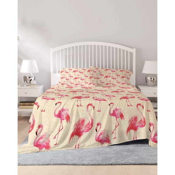 4 Piece Cal. King Sheet Set Pink Flamingo Sheets Set for Cal. King Size Bed, Breathable Soft Microfiber Bed Sheets Summer Animals Rustic Fitted Sheet Deep Pocket, Pillowcases