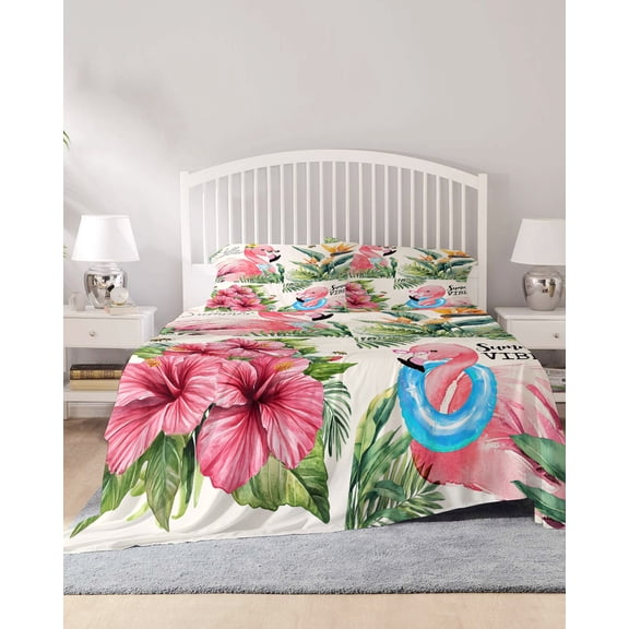 4 Piece Cal. King Sheet Set Pink Flamingos Sheets Set for Cal. King Size Bed, Breathable Soft Microfiber Bed Sheets Summer Palm Leaf Tropical Botanical Fitted Sheet Deep Pocket, Pillowcases