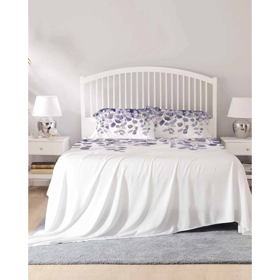4 Piece Cal. King Sheet Set Purple Eucalyptus Leaves Sheets Set for Cal. King Size Bed, Breathable Soft Microfiber Bed Sheets Spring Botanical Vines Branches Fitted Sheet Deep Pocket, Pillowcases