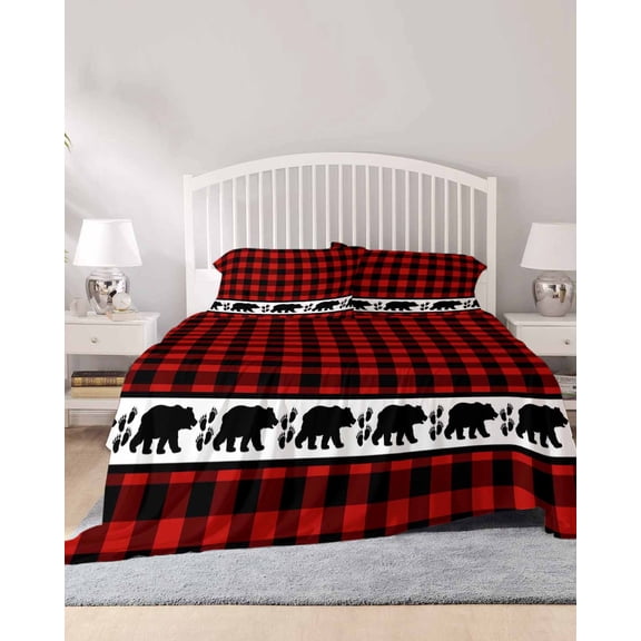 4 Piece Cal. King Sheet Set Red Black Plaid Sheets Set for Cal. King Size Bed, Breathable Soft Microfiber Bed Sheets Country Vintage Bear Buffalo Gingham Fitted Sheet Deep Pocket, Pillowcases
