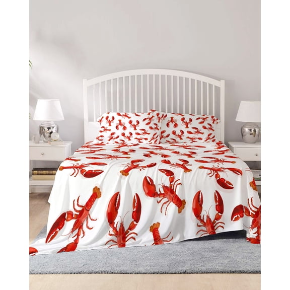 4 Piece Cal. King Sheet Set Red Lobster Sheets Set for Cal. King Size Bed, Breathable Soft Microfiber Bed Sheets Summer Ocean Animal Minimalist Art Fitted Sheet Deep Pocket, Pillowcases