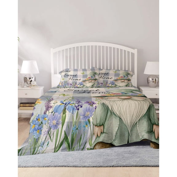 4 Piece Cal. King Sheet Set Rustic Gnome Sheets Set for Cal. King Size Bed, Breathable Soft Microfiber Bed Sheets Spring Flowers Butterfly Purple Check Fitted Sheet Deep Pocket, Pillowcases