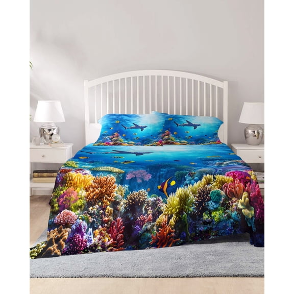 4 Piece Cal. King Sheet Set Shark Sheets Set for Cal. King Size Bed, Breathable Soft Microfiber Bed Sheets Blue Ocean Underwater Animal Coral Tropical Fish Fitted Sheet Deep Pocket, Pillowcases