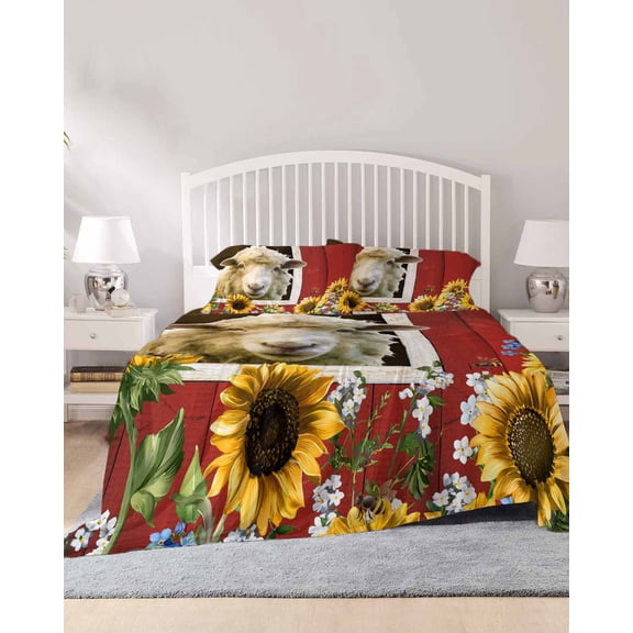 4 Piece Cal. King Sheet Set Sheep Flowers Sheets Set for Cal. King Size Bed, Breathable Soft Microfiber Bed Sheets Country Red Barn Botanical Sunflowers Fitted Sheet Deep Pocket, Pillowcases