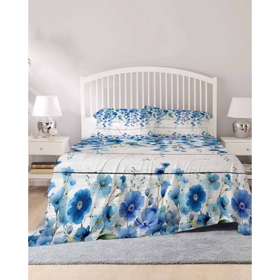 4 Piece Cal. King Sheet Set Spring Blue Floral Sheets Set for Cal. King Size Bed, Breathable Soft Microfiber Bed Sheets Farmhouse Weeping Floral Leaves Wood Fitted Sheet Deep Pocket, Pillowcases