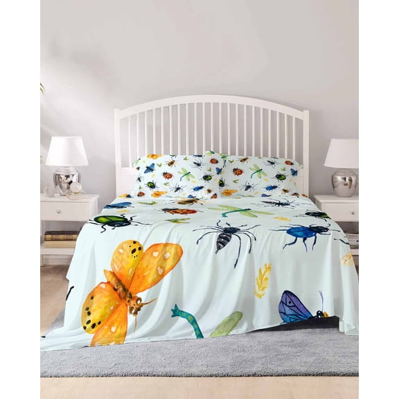 4 Piece Cal. King Sheet Set Spring Butterfly Dragonfly Sheets Set for Cal. King Size Bed, Breathable Soft Bed Sheets Rustic Botanical Floral Teal Green Fitted Sheet Deep Pocket, Pillowcases