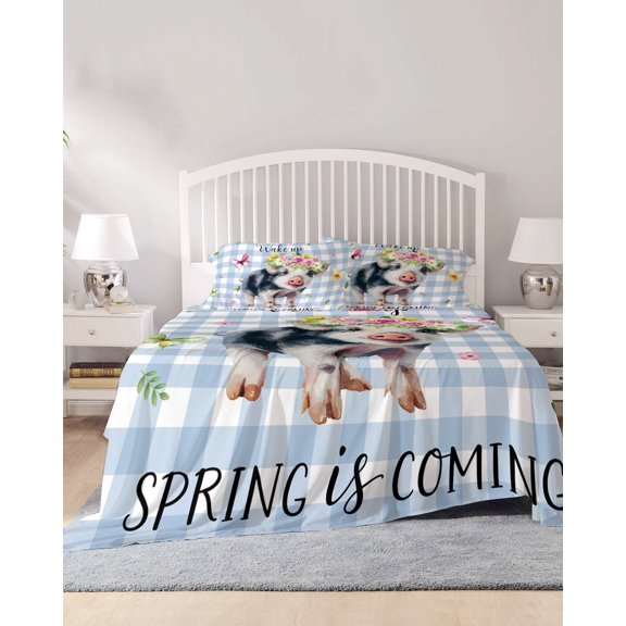 4 Piece Cal. King Sheet Set Spring Pig Sheets Set for Cal. King Size Bed, Breathable Soft Microfiber Bed Sheets Butterfly Botanical Floral Blue Plaid Fitted Sheet Deep Pocket, Pillowcases