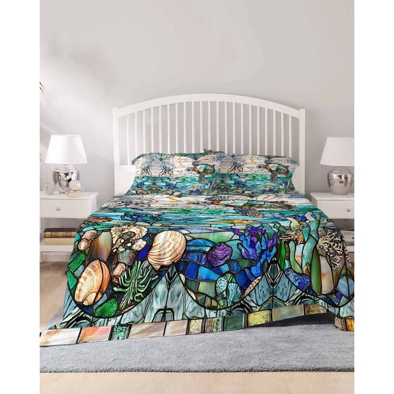 4 Piece Cal. King Sheet Set Stained Glass Sea Turtle Sheets Set for Cal. King Size Bed, Breathable Soft Microfiber Bed Sheets Summer Coastal Ocean Jellyfish Fitted Sheet Deep Pocket, Pillowcases