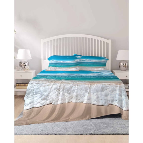 4 Piece Cal. King Sheet Set Summer Beach Coastal Sheets Set for Cal. King Size Bed, Breathable Soft Microfiber Bed Sheets Vacation Seaside Ocean Fitted Sheet Deep Pocket, Pillowcases