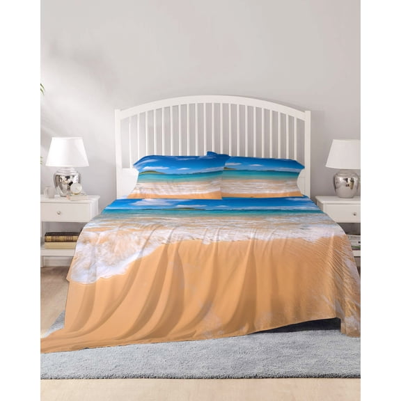 4 Piece Cal. King Sheet Set Summer Beach Sheets Set for Cal. King Size Bed, Breathable Soft Microfiber Bed Sheets Coastal Seaside Ocean Vacation Fitted Sheet Deep Pocket, Pillowcases