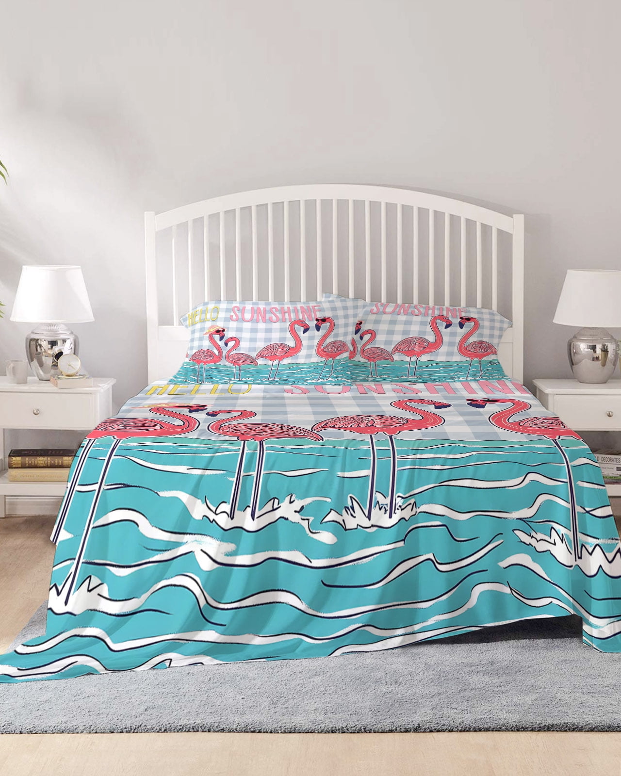 4 Piece Cal. King Sheet Set Summer Cute Flamingo Sheets Set for Cal ...