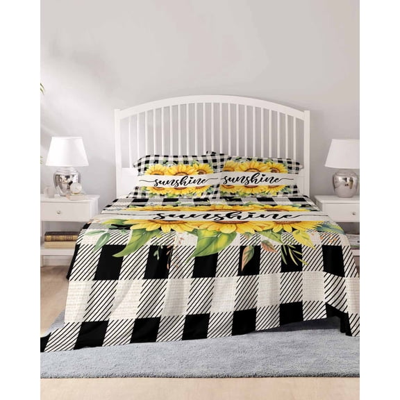 4 Piece Cal. King Sheet Set Summer Sunflowers Sheets Set for Cal. King Size Bed, Breathable Soft Microfiber Bed Sheets Country Botanical Florals Black Plaid Fitted Sheet Deep Pocket, Pillowcases