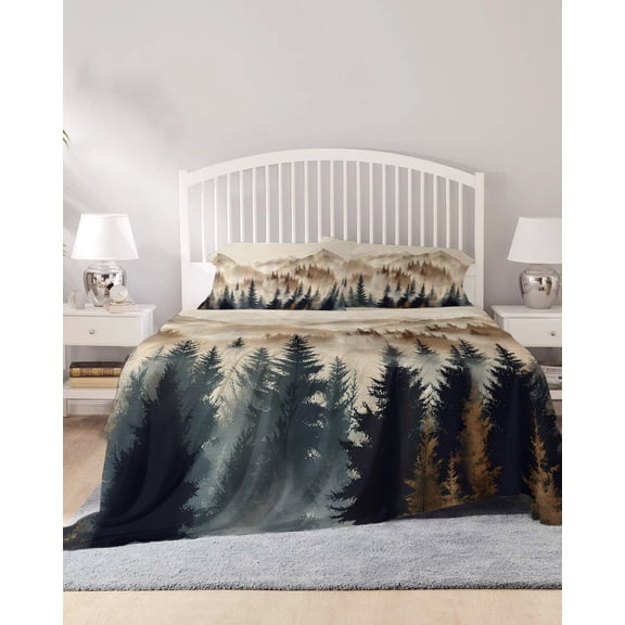 4 Piece Cal. King Sheet Set Tan Forest Sheets Set for Cal. King Size Bed, Breathable Soft Microfiber Bed Sheets Trees Woods Vintage Natural Watercolor Fitted Sheet Deep Pocket, Pillowcases
