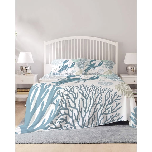4 Piece Cal. King Sheet Set Teal Blue Coastal Sheets Set for Cal. King Size Bed, Breathable Soft Microfiber Bed Sheets Summer Lobster Coral Nautical Fitted Sheet Deep Pocket, Pillowcases