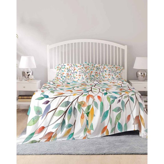 4 Piece Cal. King Sheet Set Teal Orange Eucalyptus Sheets Set for Cal. King Size Bed, Breathable Soft Microfiber Bed Sheets Weeping Botanical Leaves Fitted Sheet Deep Pocket, Pillowcases
