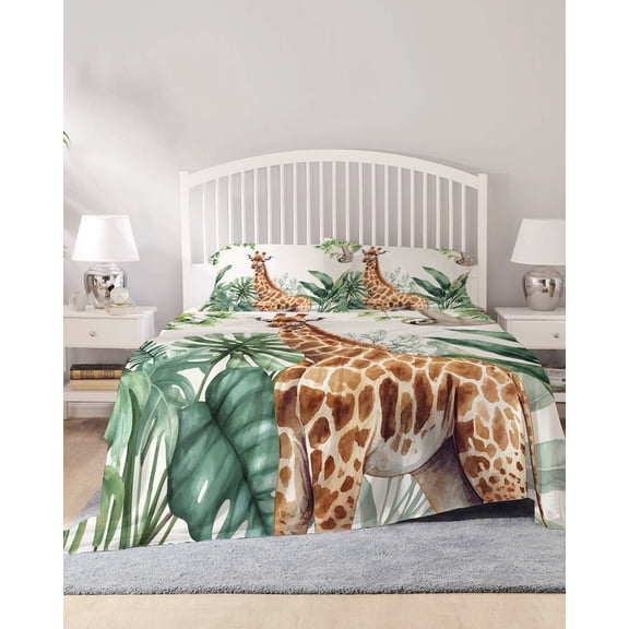 4 Piece Cal. King Sheet Set Tropical Giraffe Sloth Sheets Set for Cal. King Size Bed, Breathable Soft Microfiber Bed Sheets Watercolor Summer Palm Leaf Fitted Sheet Deep Pocket, Pillowcases