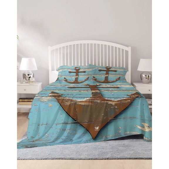 4 Piece Cal. King Sheet Set Vintage Brown Anchor Sheets Set for Cal. King Size Bed, Breathable Soft Microfiber Bed Sheets Nautical Farmhouse Blue Wooden Fitted Sheet Deep Pocket, Pillowcases