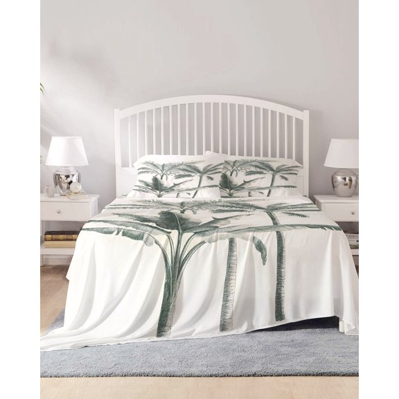 4 Piece Cal. King Sheet Set Vintage Palm Tree Sheets Set for Cal. King Size Bed, Breathable Soft Microfiber Bed Sheets Tropical Beach Botanical Fitted Sheet Deep Pocket, Pillowcases