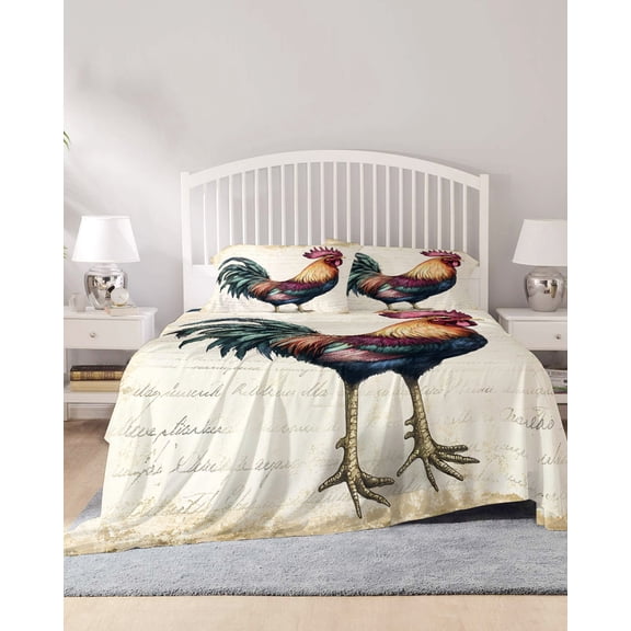 4 Piece Cal. King Sheet Set Vintage Rooster Sheets Set for Cal. King Size Bed, Breathable Soft Microfiber Bed Sheets Farmhouse Retro Country Animal Prints Fitted Sheet Deep Pocket, Pillowcases