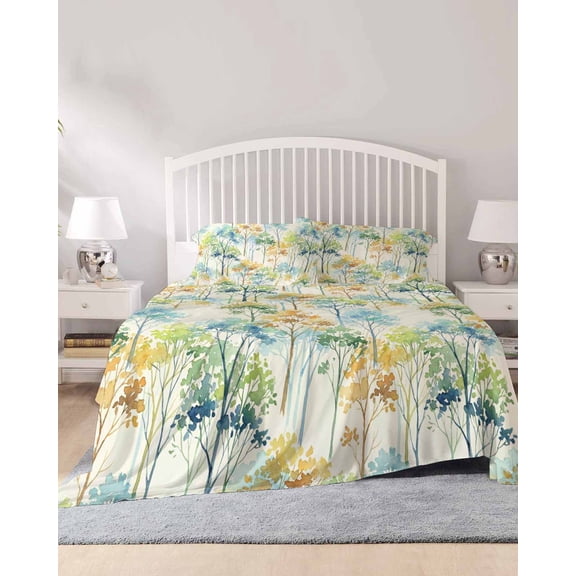 4 Piece Cal. King Sheet Set Watercolor Forest Colorful Sheets Set for Cal. King Size Bed, Breathable Soft Microfiber Bed Sheets Abstract Art Modern Trees Fitted Sheet Deep Pocket, Pillowcases