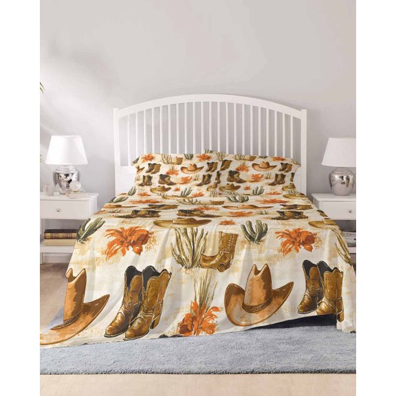 4 Piece Cal. King Sheet Set Western Cowboy Sheets Set for Cal. King Size Bed, Breathable Soft Microfiber Bed Sheets Vintage Brown Desert Botanical Fitted Sheet Deep Pocket, Pillowcases
