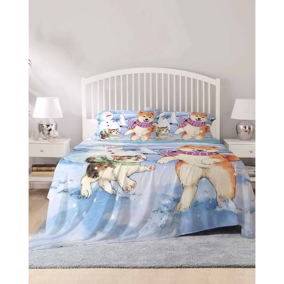 4 Piece Cal. King Sheet Set Winter Dog Sheets Set for Cal. King Size Bed, Breathable Soft Microfiber Bed Sheets Cute Cat Snowman Snowflake Fitted Sheet Deep Pocket, Pillowcases